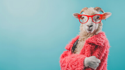 Conceito Criativo e Fashion de Ovelha com Casaco Pink e Óculos Vermelhos