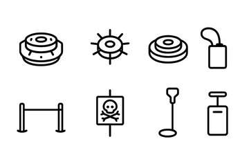 Mine Icon Set. Outline icon set of mine: landmine, anti-personnel mine, anti-tank mine, explosive charge, tripwire, detonator, minefield warning sign, mine