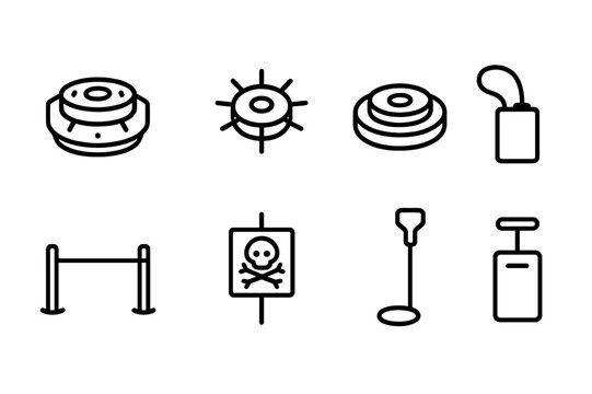 Mine Icon Set. Outline icon set of mine: landmine, anti-personnel mine, anti-tank mine, explosive charge, tripwire, detonator, minefield warning sign, mine
