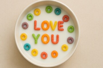 Colorful Cereal Spelling  love you in Milk Bowl