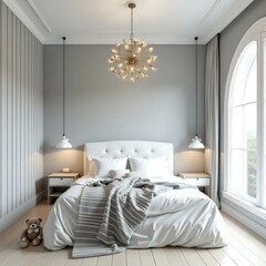 A white bed sitting in a bedroom next to a window.