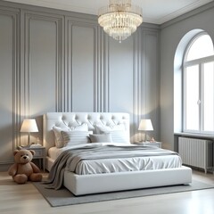 A white bed sitting in a bedroom next to a window.