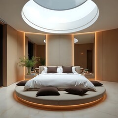 A bedroom with a circular bed in the middle of the room.