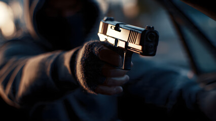 An anonymous assailant in a hoodie points a gun, a menacing concept of violent crime, danger, and direct assault.