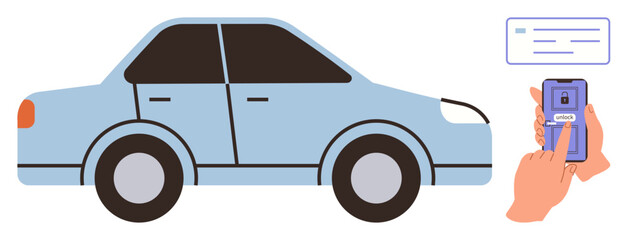 Blue car with dark windows alongside human hand pressing smartphone screen for keyless entry. Ideal for car technology, smart systems, security, remote control, innovation, convenience, simple flat