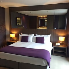 A large bed sitting in a bedroom next to a mirror.