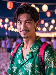 Fototapeta premium attractive adult japanese guy in green themed summer wear portrait on beach fun night party background, facing front and slightly smiling
