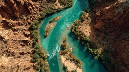 Aerial view of turquoise river in canyon