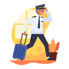 Cartoon Man in Pilot Uniform Running with Blue Suitcase Against a Neutral Indoor Scene Full Body Illustration with Bright Window Light