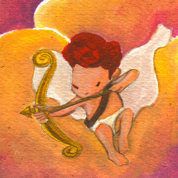 Querubin o Cupido, ilustraci&oacute;n an&aacute;loga en t&eacute;mperas