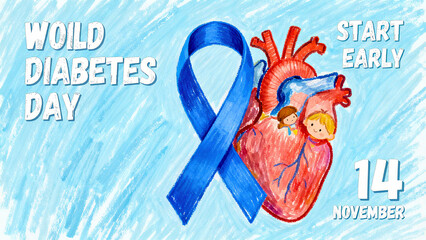 Blue ribbon and heart illustration, World diabetes Day, heart health and early intervention, are suitable for the propaganda scene of prevention and treatment of heart complications in diabetes.
