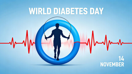 Rope skipping figures, blue circles and heartbeat lines represent the World diabetes Day and sports health concepts, which are suitable for diabetes sports therapy promotion scenarios.
