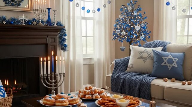 Festive Hanukkah home decor with a glowing menorah, blue and silver ornaments, Star of David cushions, and holiday treats.