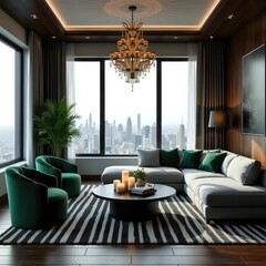 A living room with a large sectional couch and two green chairs.