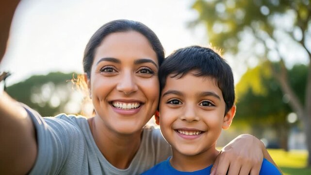 Happy South Asian mother and young son taking a joyful selfie together in a sunny park, sharing a loving moment outdoors.