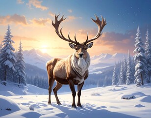 Majestic Winter Deer in a Snowy Mountain Landscape