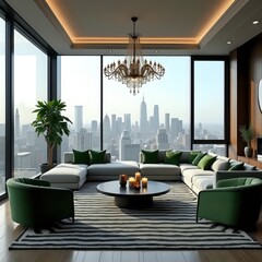 A living room filled with furniture and a large window.