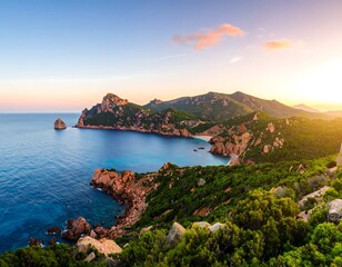 Panoramic view of a coastal landscape at sunset