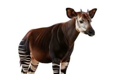 Okapi with striped legs brown body and white face isolated on white.