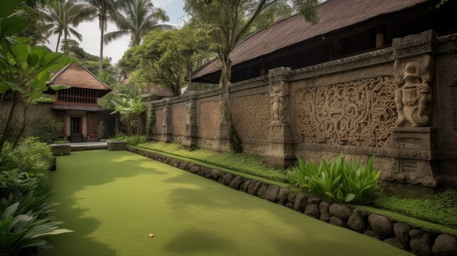 Balinese Garden Retreat - Ornate Walls  Lush Greenery.