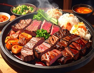 A colorful platter of grilled meats and sides, steaming hot and ready to eat
