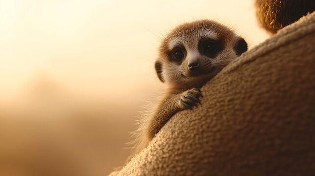 Adorable baby meerkat peeking over a shoulder in warm golden hour light