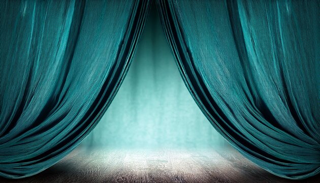 A Teal Curtain Pulled Back To Reveal A Dimly Lit Dusty Floor