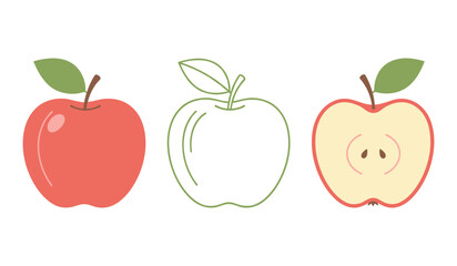 Three stylized apples one whole red one outline green one sliced yellow fruit red apple