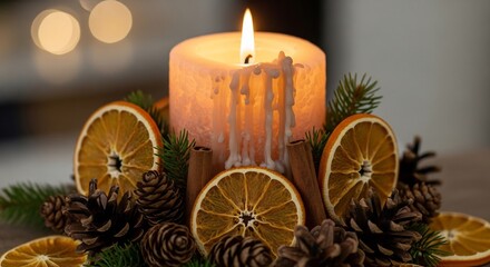 Lit candle surrounded by dried orange slices pinecones cinnamon and fir branches