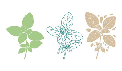 Three stylized basil sprigs in green teal and beige on white background herb plant