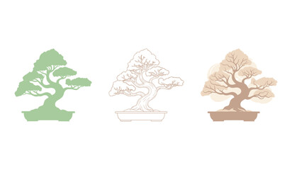 Three stylized bonsai trees in muted earthy tones and green plant nature