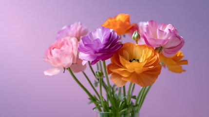 Fototapeta premium Vibrant Floral Arrangement: A stunning composition of colorful ranunculus blossoms bursts with life, their delicate petals and intricate details set against a subtle.
