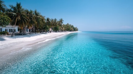 Azure Ocean Meets White Sand Beach with Lush Palm Trees in Tropical Island Paradise Under Bright Blue Sky and Glistering Water with Distant Horizon