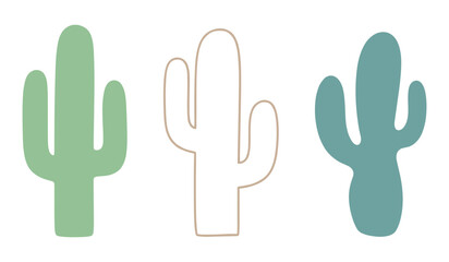Three stylized cacti in muted green tan and teal colors on white background cactus desert