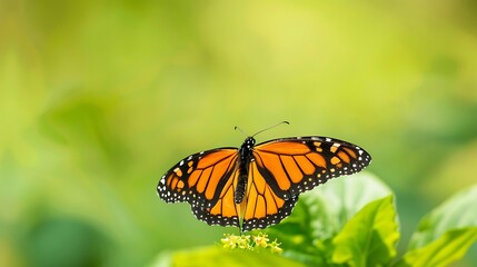 Fototapeta premium A monarch butterfly with vibrant orange and black wings rests on a green leaf