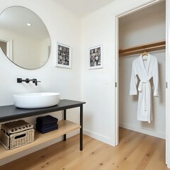 A white bathroom with a round mirror above a sink.