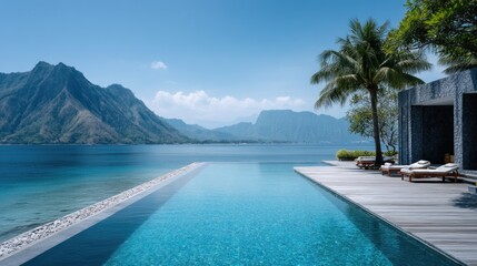 Fototapeta premium Azure Swimming Pool Overlooking Mountainous Lake Under Bright Sky in a Modern Luxury Villa