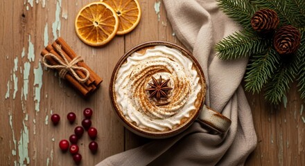 Overhead view of a mug of coffee with whipped cream and star anise