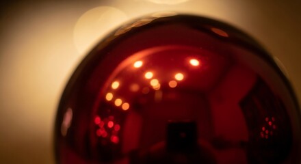 Red Christmas ornament reflecting warm lights and a dark rectangle