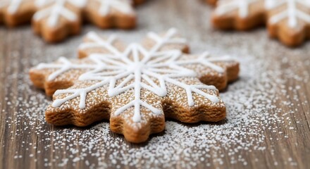 Snowflake shaped cookies dusted with powdered sugar on a wooden surface