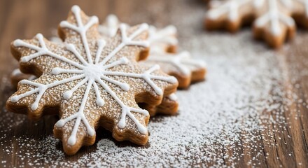 Snowflakeshaped cookies dusted with powdered sugar on a wooden surface