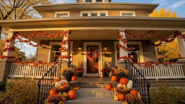 Cozy front porch of a house beautifully decorated for autumn with pumpkins, gourds, fall leaves, and mums under golden light