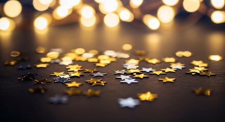 Starshaped confetti scattered on a dark surface with blurred bokeh lights in the background