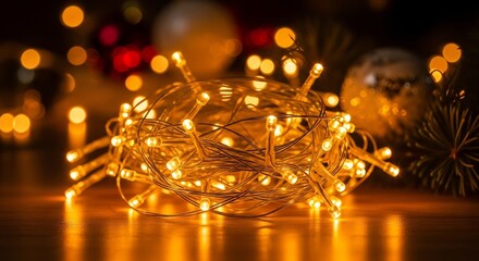 String of illuminated orange lights coiled on a wooden surface