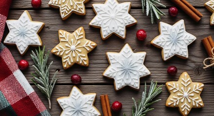 Starshaped cookies decorated with white icing and snowflakes