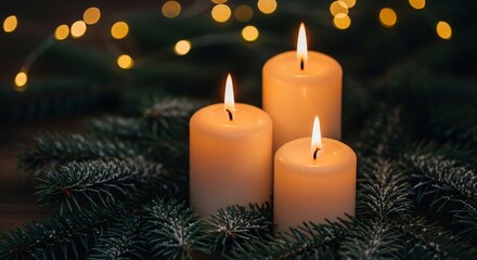 Three lit candles nestled amongst pine branches with blurred bokeh lights