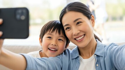 Happy Asian mother and young son taking a joyful selfie together indoors with a smartphone, sharing a moment of family fun and connection. - Powered by Adobe