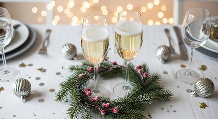 Two champagne flutes on a festive table setting with Christmas decor