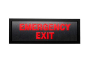 Emergency exit sign with red glowing text on black background, safety signage for buildings, fire escape, evacuation routes, and emergency preparedness