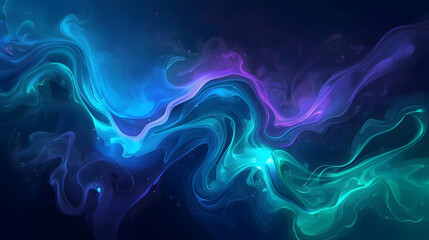 Flowing teal and purple streams trace an energetic path through darkness, liquid neon aesthetic with